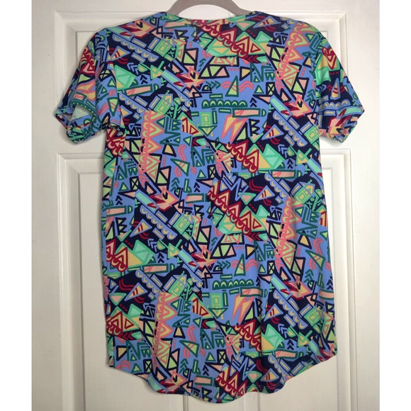 Lularoe Girls Gracie Top Blue Green Stretch Shapes High Low Short Sleeve 12 Nice - Picture 4 of 9